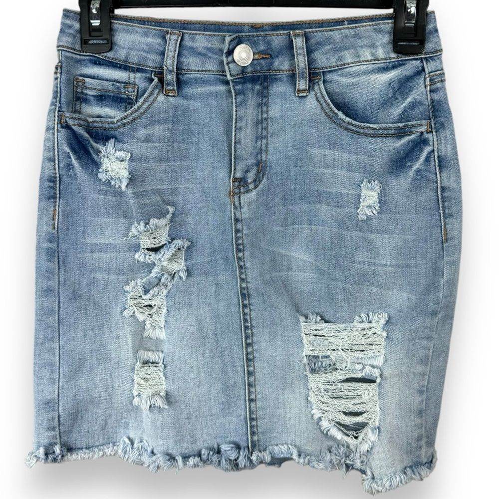 Rue21 Denim Mini Skirt Small S Women’s Jean Distressed Light Wash High Waisted